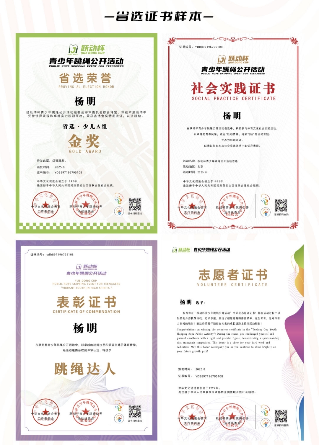 参选者省选荣誉样本